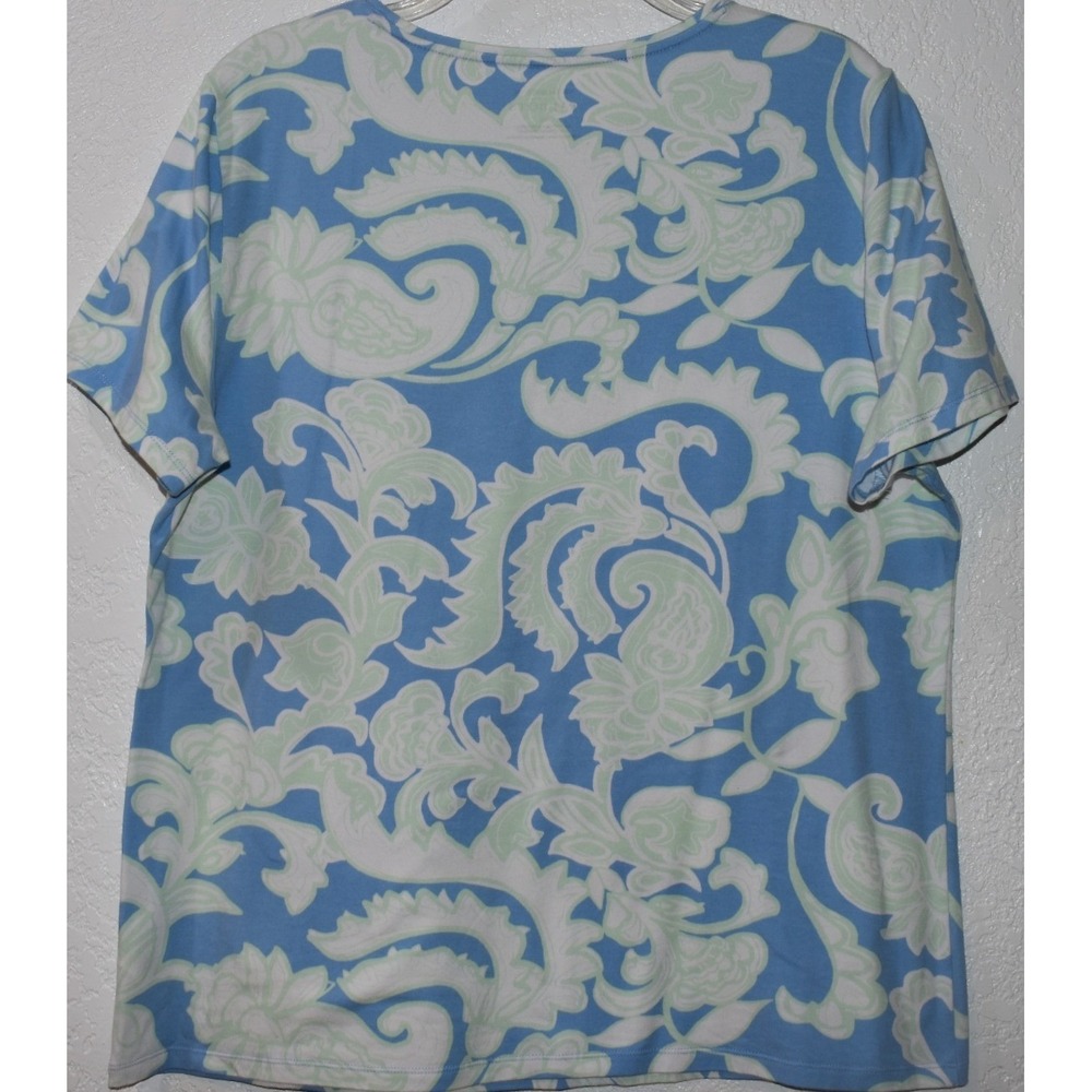 Talbots Tee XL Stretch Top Blue Mint Green Paisley Floral Short Slv Pullover - Picture 15 of 16